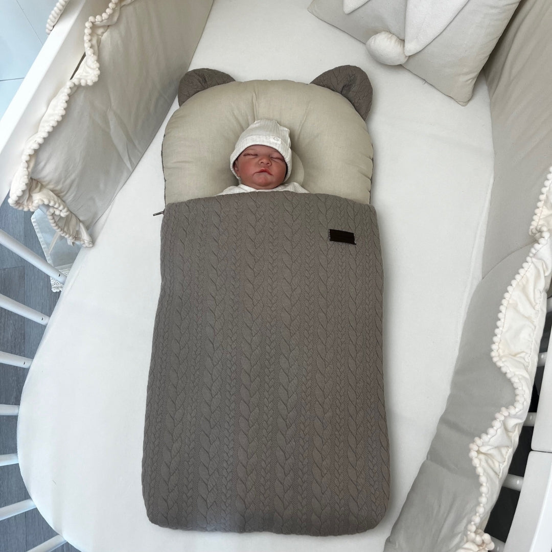 Babyschlafsack mit Bärenohren | Baumwolle & Jersey Zopfmuster