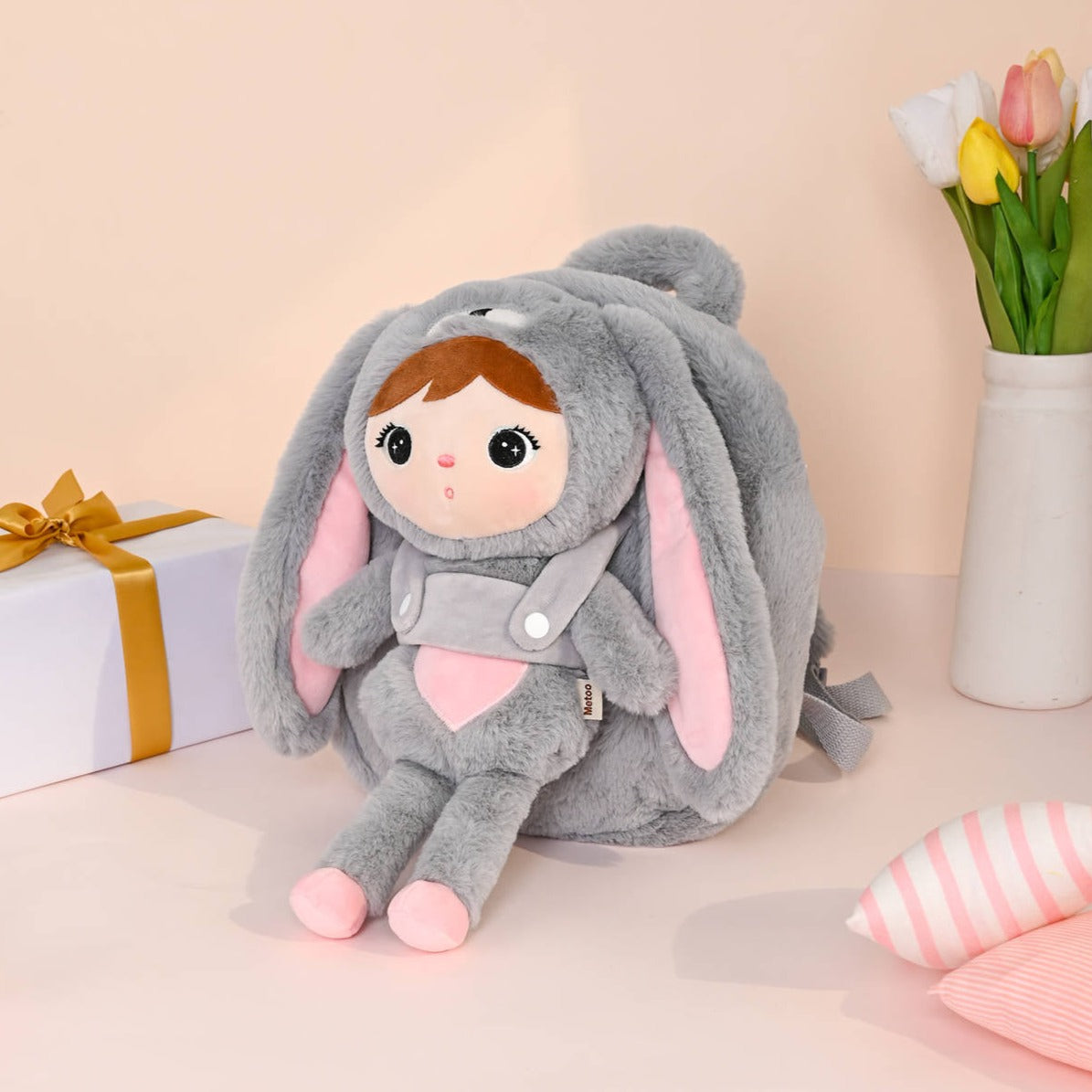 Personalisierter Stoff-Rucksack mit Puppe | Grey/Pink Bunny