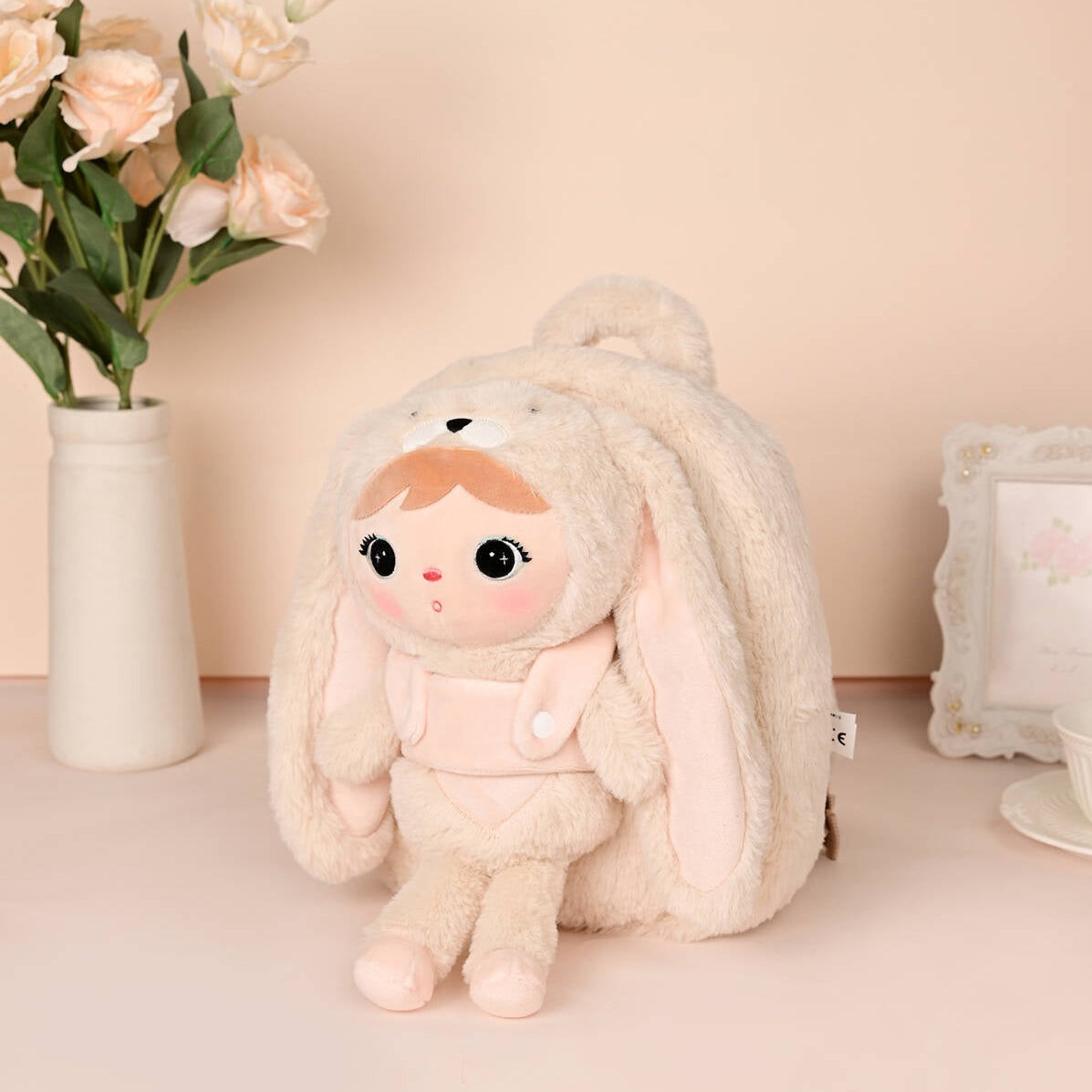 Personalisierter Stoff-Rucksack mit Puppe | Light beige Bunny